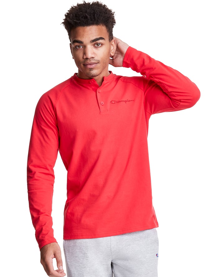 Champion Long Sleeve Henley - Miesten Punainen T-Paita - Suomi 5146279-AD